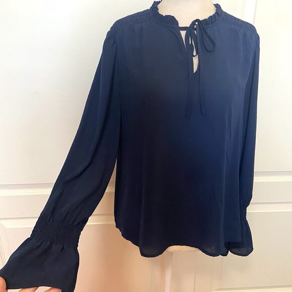 CeCe Tie Neck Ruffle Collar Pullover Blouse Navy Blue Size Medium - Picture 1 of 11